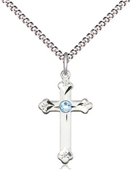 [0667SS-STN3/18S] Sterling Silver Cross Pendant with a 3mm Aqua Swarovski stone on a 18 inch Light Rhodium Light Curb chain