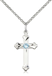 [0667SS-STN3/18SS] Sterling Silver Cross Pendant with a 3mm Aqua Swarovski stone on a 18 inch Sterling Silver Light Curb chain