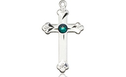 [0667SS-STN5] Sterling Silver Cross Medal with a 3mm Emerald Swarovski stone