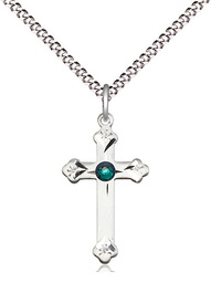 [0667SS-STN5/18S] Sterling Silver Cross Pendant with a 3mm Emerald Swarovski stone on a 18 inch Light Rhodium Light Curb chain