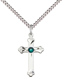 [0667SS-STN5/18S] Sterling Silver Cross Pendant with a 3mm Emerald Swarovski stone on a 18 inch Light Rhodium Light Curb chain
