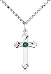 [0667SS-STN5/18SS] Sterling Silver Cross Pendant with a 3mm Emerald Swarovski stone on a 18 inch Sterling Silver Light Curb chain