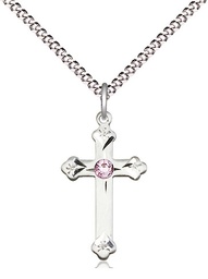 [0667SS-STN6/18S] Sterling Silver Cross Pendant with a 3mm Light Amethyst Swarovski stone on a 18 inch Light Rhodium Light Curb chain