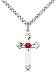 [0667SS-STN7/18S] Sterling Silver Cross Pendant with a 3mm Ruby Swarovski stone on a 18 inch Light Rhodium Light Curb chain