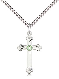 [0667SS-STN8/18S] Sterling Silver Cross Pendant with a 3mm Peridot Swarovski stone on a 18 inch Light Rhodium Light Curb chain