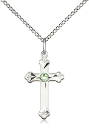 [0667SS-STN8/18SS] Sterling Silver Cross Pendant with a 3mm Peridot Swarovski stone on a 18 inch Sterling Silver Light Curb chain