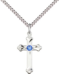 [0667SS-STN9/18S] Sterling Silver Cross Pendant with a 3mm Sapphire Swarovski stone on a 18 inch Light Rhodium Light Curb chain