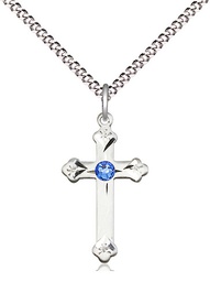 [0667SS-STN9/18S] Sterling Silver Cross Pendant with a 3mm Sapphire Swarovski stone on a 18 inch Light Rhodium Light Curb chain