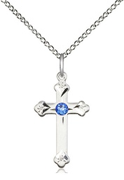 [0667SS-STN9/18SS] Sterling Silver Cross Pendant with a 3mm Sapphire Swarovski stone on a 18 inch Sterling Silver Light Curb chain