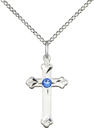 [0667SS-STN9/18SS] Sterling Silver Cross Pendant with a 3mm Sapphire Swarovski stone on a 18 inch Sterling Silver Light Curb chain