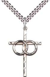 [0671SS/24S] Sterling Silver Wedding Rings Cross Pendant on a 24 inch Light Rhodium Heavy Curb chain