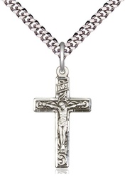 [0673SS/24S] Sterling Silver Crucifix Pendant on a 24 inch Light Rhodium Heavy Curb chain