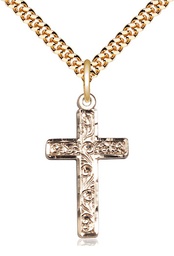 [0673YGF/24G] 14kt Gold Filled Cross Pendant on a 24 inch Gold Plate Heavy Curb chain