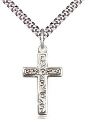 [0673YSS/24S] Sterling Silver Cross Pendant on a 24 inch Light Rhodium Heavy Curb chain