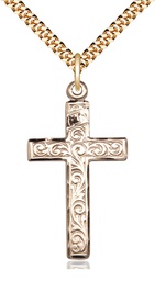 [0674YGF/24G] 14kt Gold Filled Cross Pendant on a 24 inch Gold Plate Heavy Curb chain