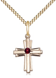 [0675YGF-STN1/18G] 14kt Gold Filled Cross Pendant with a 3mm Garnet Swarovski stone on a 18 inch Gold Plate Light Curb chain