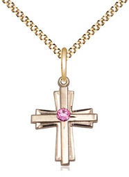 [0675YGF-STN10/18G] 14kt Gold Filled Cross Pendant with a 3mm Rose Swarovski stone on a 18 inch Gold Plate Light Curb chain