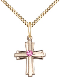 [0675YGF-STN10/18G] 14kt Gold Filled Cross Pendant with a 3mm Rose Swarovski stone on a 18 inch Gold Plate Light Curb chain