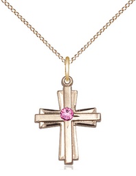 [0675YGF-STN10/18GF] 14kt Gold Filled Cross Pendant with a 3mm Rose Swarovski stone on a 18 inch Gold Filled Light Curb chain