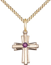 [0675YGF-STN2/18G] 14kt Gold Filled Cross Pendant with a 3mm Amethyst Swarovski stone on a 18 inch Gold Plate Light Curb chain