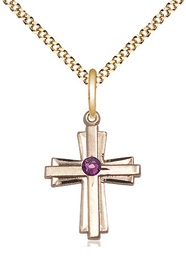 [0675YGF-STN2/18G] 14kt Gold Filled Cross Pendant with a 3mm Amethyst Swarovski stone on a 18 inch Gold Plate Light Curb chain