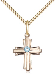 [0675YGF-STN3/18G] 14kt Gold Filled Cross Pendant with a 3mm Aqua Swarovski stone on a 18 inch Gold Plate Light Curb chain