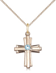 [0675YGF-STN3/18GF] 14kt Gold Filled Cross Pendant with a 3mm Aqua Swarovski stone on a 18 inch Gold Filled Light Curb chain