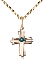 [0675YGF-STN5/18G] 14kt Gold Filled Cross Pendant with a 3mm Emerald Swarovski stone on a 18 inch Gold Plate Light Curb chain