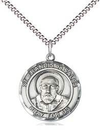 [8035RDSS/18S] Sterling Silver Saint Francis de Sales Pendant on a 18 inch Light Rhodium Light Curb chain