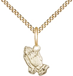 [0220GF/18G] 14kt Gold Filled Praying Hands Pendant on a 18 inch Gold Plate Light Curb chain