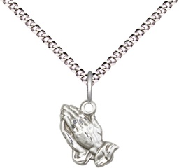 [0220SS/18S] Sterling Silver Praying Hands Pendant on a 18 inch Light Rhodium Light Curb chain