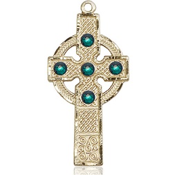 [0252GF-STN5] 14kt Gold Filled Kilklispeen Cross w/ Emerald Stone Medal with a 3mm Emerald Swarovski stone