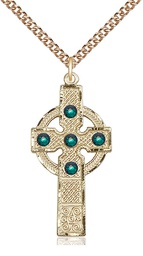 [0252GF-STN5/24GF] 14kt Gold Filled Kilklispeen Cross w/ Emerald Stone Pendant with a 3mm Emerald Swarovski stone on a 24 inch Gold Filled Heavy Curb chain