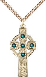 [0252GF-STN5/24GF] 14kt Gold Filled Kilklispeen Cross w/ Emerald Stone Pendant with a 3mm Emerald Swarovski stone on a 24 inch Gold Filled Heavy Curb chain