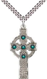 [0252SS-STN5/24S] Sterling Silver Kilklispeen Cross w/ Emerald Stone Pendant with a 3mm Emerald Swarovski stone on a 24 inch Light Rhodium Heavy Curb chain