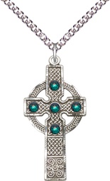 [0252SS-STN5/24SS] Sterling Silver Kilklispeen Cross w/ Emerald Stone Pendant with a 3mm Emerald Swarovski stone on a 24 inch Sterling Silver Heavy Curb chain