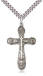 [0263SS/24S] Sterling Silver Golgotha Cross Pendant on a 24 inch Light Rhodium Heavy Curb chain