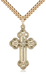 [0273GF/24G] 14kt Gold Filled Russian Cross Pendant on a 24 inch Gold Plate Heavy Curb chain