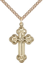 [0273GF/24GF] 14kt Gold Filled Russian Cross Pendant on a 24 inch Gold Filled Heavy Curb chain