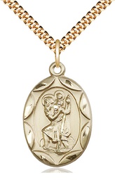 [0801CGF/24G] 14kt Gold Filled Saint Christopher Pendant on a 24 inch Gold Plate Heavy Curb chain