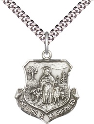 [0345SS/24S] Sterling Silver Lord Is My Shepherd Pendant on a 24 inch Light Rhodium Heavy Curb chain