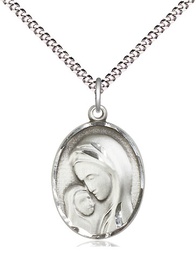 [0447SS/18S] Sterling Silver Madonna &amp; Child Pendant on a 18 inch Light Rhodium Light Curb chain