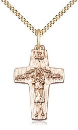 [0569GF/18G] 14kt Gold Filled Papal Crucifix Pendant on a 18 inch Gold Plate Light Curb chain