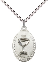 [0599WSS/18S] Sterling Silver Communion Pendant on a 18 inch Light Rhodium Light Curb chain