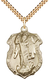 [5448GF/24G] 14kt Gold Filled Saint Michael the Archangel Shield Pendant on a 24 inch Gold Plate Heavy Curb chain