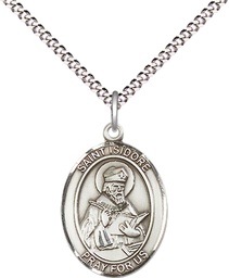 [8049SS/18S] Sterling Silver Saint Isidore of Seville Pendant on a 18 inch Light Rhodium Light Curb chain