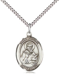 [8049SS/18S] Sterling Silver Saint Isidore of Seville Pendant on a 18 inch Light Rhodium Light Curb chain