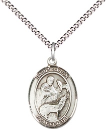 [8051SS/18S] Sterling Silver Saint Jason Pendant on a 18 inch Light Rhodium Light Curb chain