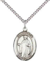 [8052SS/18S] Sterling Silver Saint Justin Pendant on a 18 inch Light Rhodium Light Curb chain