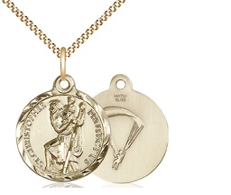 [0192GF7/18G] 14kt Gold Filled Saint Christopher Paratrooper Pendant on a 18 inch Gold Plate Light Curb chain